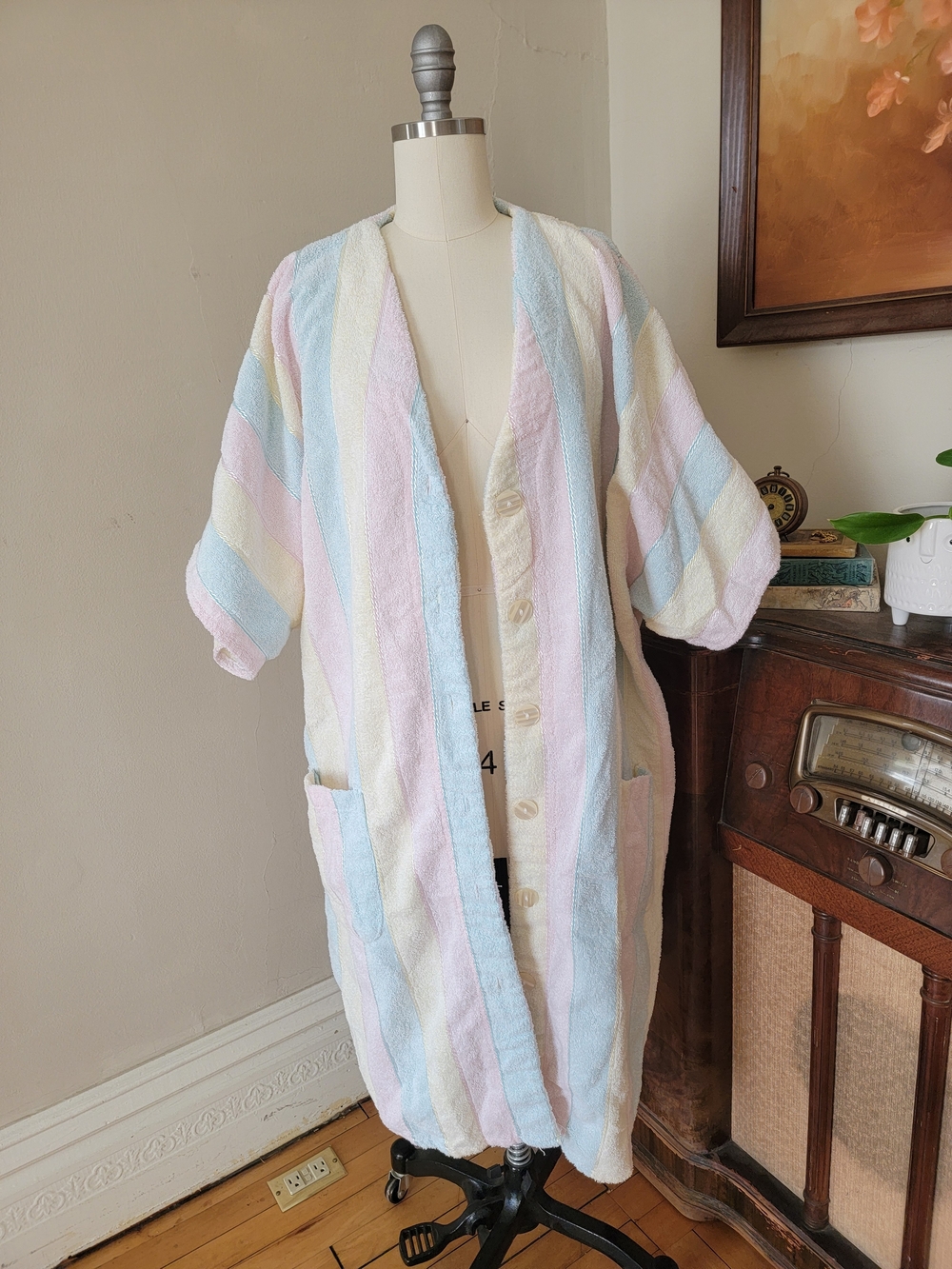 Vintage Pastel Stripe Terry Bath Robe Pink, Blue, Yellow Swim Cover Up 3X